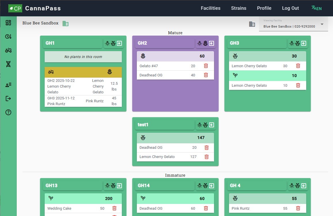 CannaPass dashboard showing plants and harvest records organized by grow room